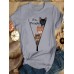 Women Cute Cartoon Cat Letter Print O  Neck Casual Short Sleeve T  Shirts