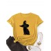 Women Black Cat Pattern Print O  Neck Short Sleeve Casual Thin T  Shirt