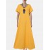 Round Neck Loose Fit Solid Short Sleeve Pocket Midi Dress