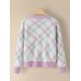 Women Plaid V  Neck Knitted Elastic Cuff Color Block Cardigan